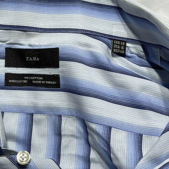 ZARA Mens Size 16 Blue Striped Cotton LS Shirt - Picture 6 of 7